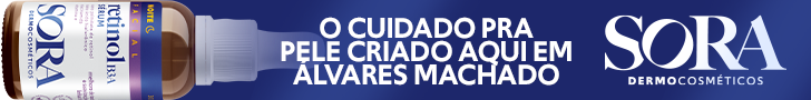 Frasco de Sérum de Retinol com a frase O cuidado pra pele CRIADO aqui EM ÁLVARES MACHADO, e a marca Sora Dermocosméticos