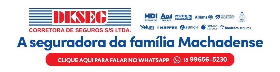 Banner da DKSEG Corretora de Seguros S/S Ltda., empresa especializada em seguros para pessoas, famílias e empresas em Machado (MG). A arte destaca o slogan "A seguradora da família Machadense", reforçando confiança e atendimento local. Exibe parceria com importantes seguradoras do mercado, como HDI Seguros, Azul Seguros, Porto Seguro, Allianz, Tokio Marine, Alfa Seguros, Yelum, MAPFRE, Zurich, Sompo Seguros e Bradesco Seguros. O banner também convida o visitante a entrar em contato pelo WhatsApp pelo número (18) 99656-5230 para solicitar atendimento, cotação ou informações sobre seguros.