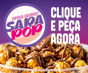 Banner da Sara Pop Pipoca Gourmet, divulgando pipocas gourmet artesanais com cobertura de chocolate. A arte destaca a marca Sara Pop Pipoca Gourmet e traz a chamada "Clique e peça agora", convidando o visitante a fazer seu pedido de forma rápida. O banner apresenta uma imagem de pipocas gourmet cobertas com chocolate, reforçando o aspecto artesanal e apetitoso dos produtos, ideal para quem busca uma opção de doce para consumo ou presente.