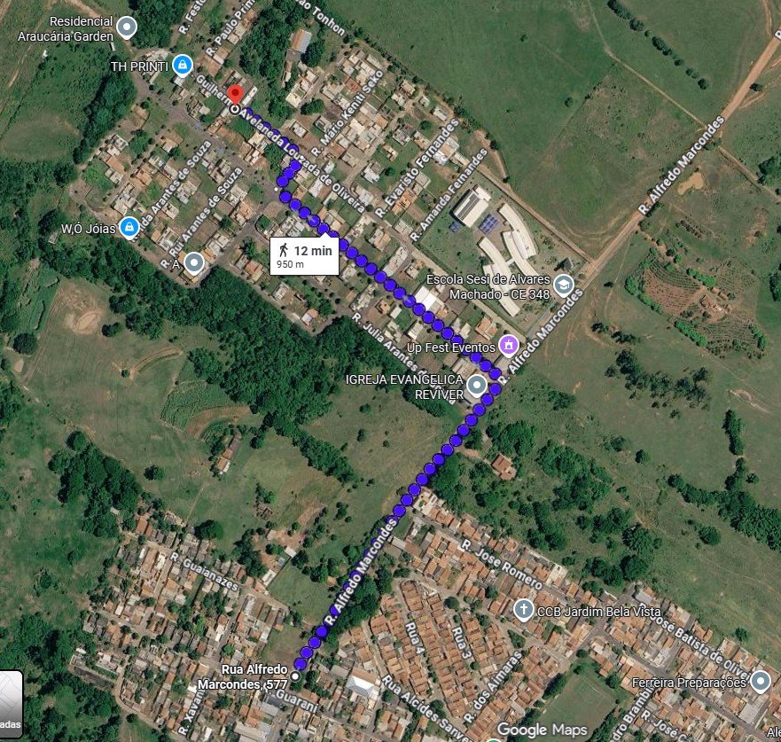 O trajeto de cerca de 950 metros entre o último ponto, no Jardim Bela Vista, e o Residencial Márcia Fernandes, passando perto do Sesi. (Google Maps)
