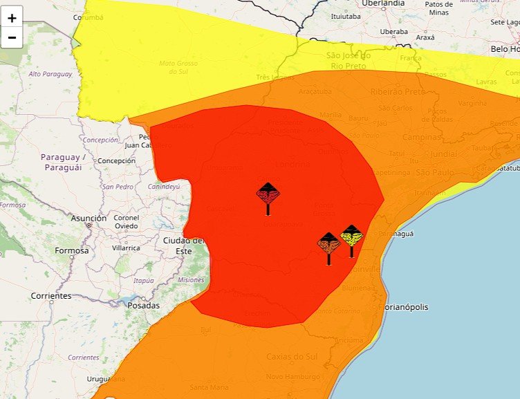 A área em vermelho no mapa do INMET indica o grande perigo, e a nossa região está dentro dela. (Reprodução/INMET)