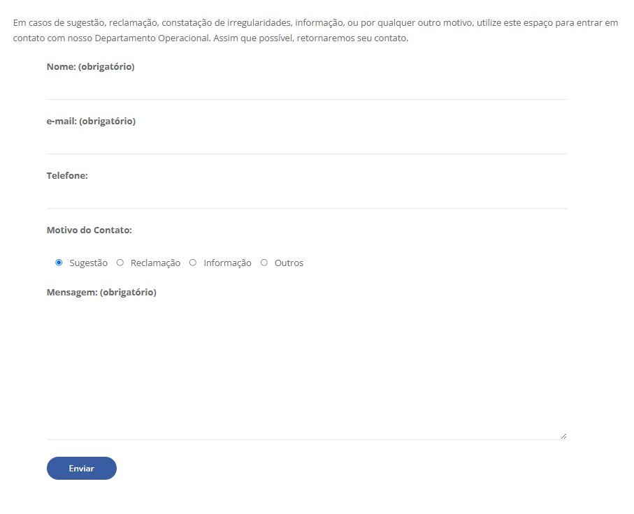 O formulário de reclamações no site da Jandaia, aberto a sugestões e queixas dos passageiros. (Reprodução)