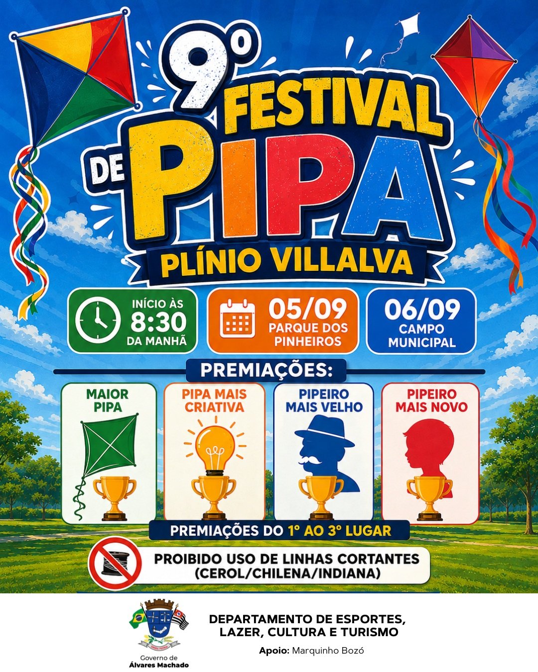 9º Festival de Pipa Plínio Villalva, dias 05 e 06 de setembro. (Divulgação/Prefeitura de Álvares Machado)
