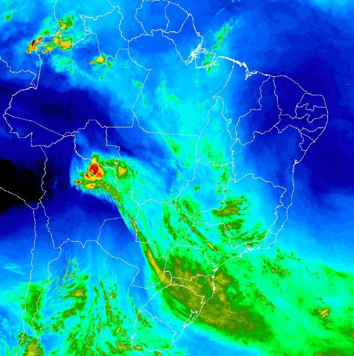 Imagem de satélite mostra a instabilidade entrando pelo Sul e avançando sobre o interior paulista. (Reprodução/INMET)